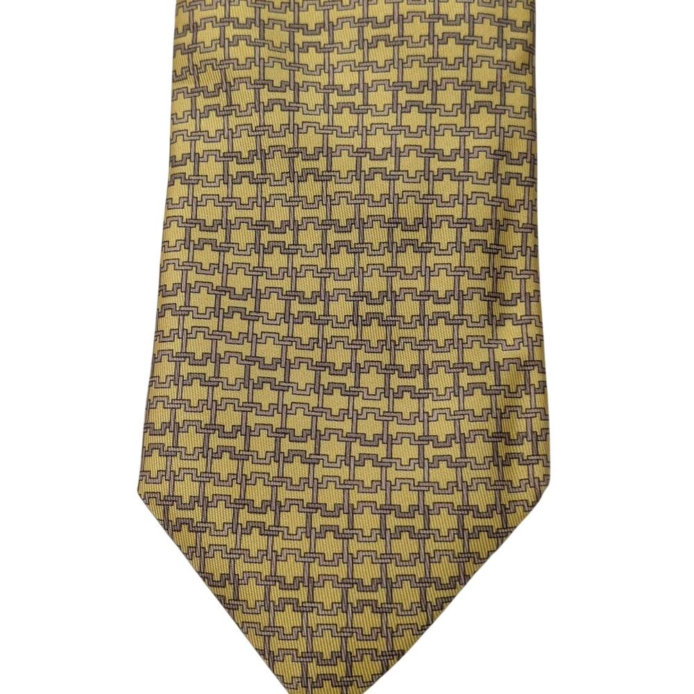 Vintage Hermès 100% Silk Men's Yellow Tie With Tan Geometric Designs